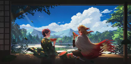 Tanjiro Kamado Kyojuro Rengoku Anime Demon Slayer: Kimetsu no Yaiba HD Desktop Wallpaper | Background Image