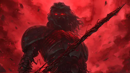 Knull from Marvel Comics depicted in a dark, menacing pose with glowing red eyes against a fiery red background, featured in a 4K Ultra HD desktop wallpaper.