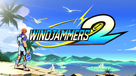 HD desktop wallpaper featuring Windjammers 2 game logo with a character standing by a tropical beach background.