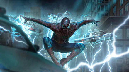Comic-style Spider-Man crouching on a rooftop amid crackling blue lightning, vivid action scene rendered as a 4K Ultra HD PC desktop wallpaper.