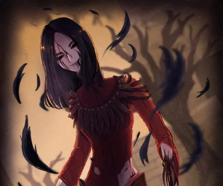 Carmina Mora from the video game Dead By Daylight in a red tattered dress, pale face and dark hair, surrounded by falling black feathers against a moody backdrop — 2K Quad HD PC desktop wallpaper.