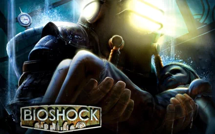 Bioshock video game 2K Quad HD PC desktop wallpaper: a Big Daddy cradles a Little Sister in the dark underwater city of Rapture, Bioshock logo in the corner.