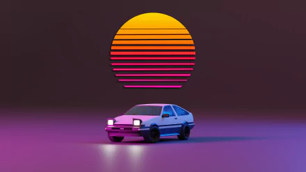 A vehicle from Initial D under a vibrant vaporwave sunset, with neon purple and pink hues. This HD desktop wallpaper and background blends anime aesthetics with a retro-futuristic vibe.