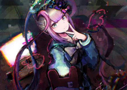 Ame-chan from Needy Girl Overdose: purple-haired anime girl with horn accents and school uniform, neon-glitch room. Video game 2K Quad HD PC desktop wallpaper.