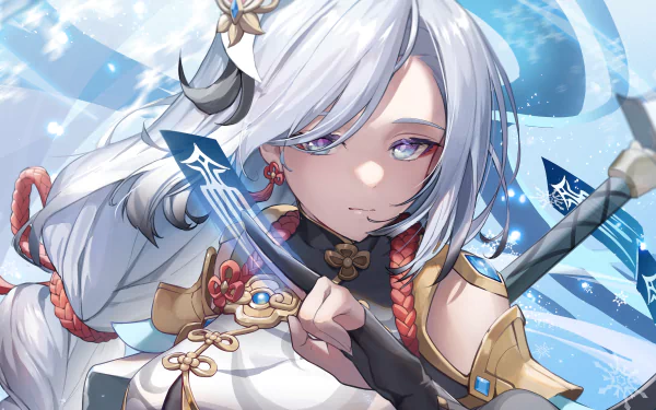 HD PC desktop wallpaper featuring Shenhe from the video game Genshin Impact, showcasing her detailed character design and icy-themed background.