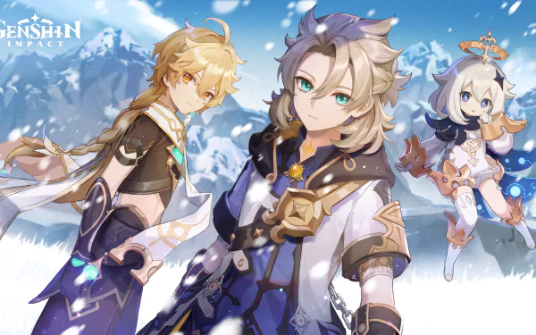 4K Ultra HD Genshin Impact wallpaper featuring Aether, Albedo, and Paimon in a snowy landscape, designed for PC desktop backgrounds.