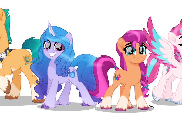 Movie My Little Pony: A New Generation My Little Pony Izzy Moonbow Sunny Starscout Hitch Trailblazer Sprout Cloverleaf Zipp Storm Pipp Petals HD Wallpaper | Background Image