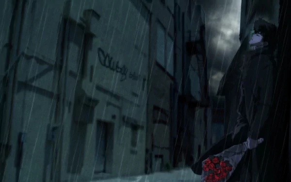 Dark, rainy street scene from the anime Cowboy Bebop, featuring a shadowy figure holding red flowers, rendered as an HD PC desktop wallpaper.