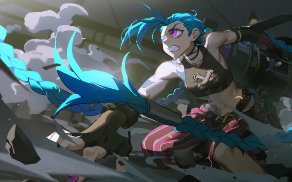 4K Ultra HD wallpaper featuring Jinx from the TV show Arcane, showcasing her dynamic pose and vibrant blue hair in a high-energy League of Legends scene.