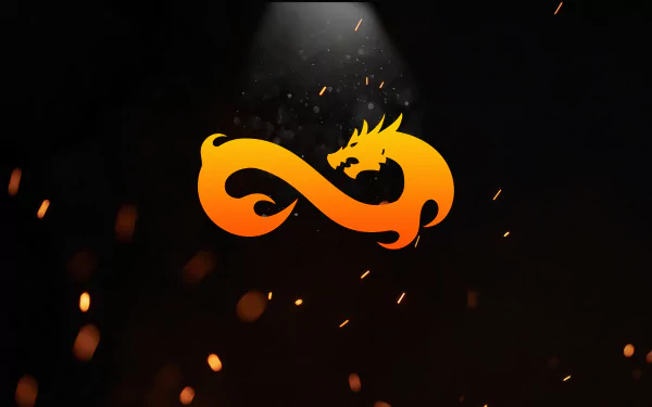Video game Counter-Strike: Global Offensive 4K Ultra HD PC desktop wallpaper: orange dragon-shaped infinity logo under a spotlight on a dark background with flying embers.