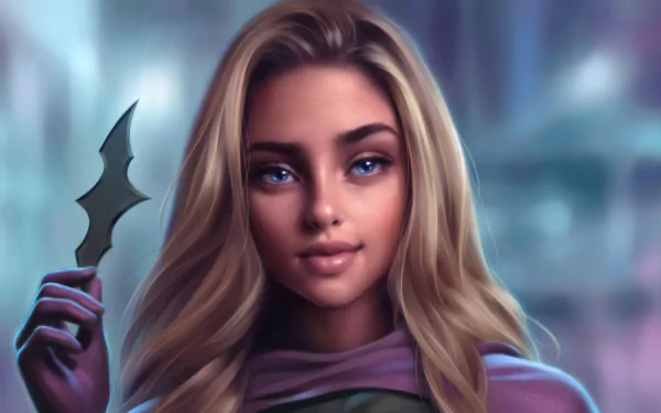 4K Ultra HD DC Comics wallpaper featuring a detailed, realistic portrait of Batgirl holding a batarang against a blurred cityscape background.