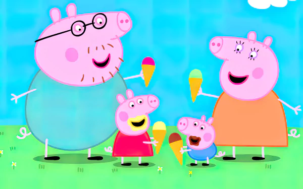 A colorful HD wallpaper featuring Peppa Pig and her family enjoying ice cream together in a sunny outdoor setting, embodying the fun spirit of the TV show.