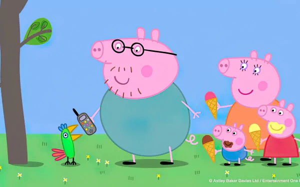 HD desktop wallpaper featuring Peppa Pig and family in a cheerful outdoor scene with a blue sky background.