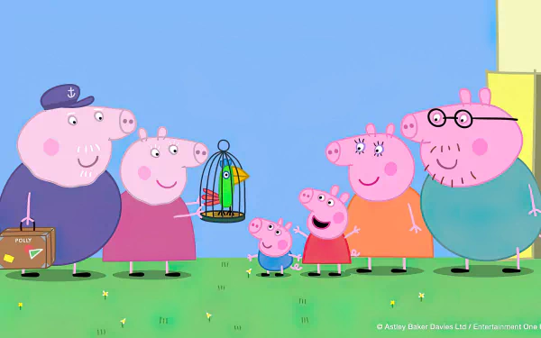 Colorful Peppa Pig scene featuring the Pig family and friends, joyfully gathered around a birdcage in a vibrant, sunny backdrop. Perfect HD desktop wallpaper for fans of the show.