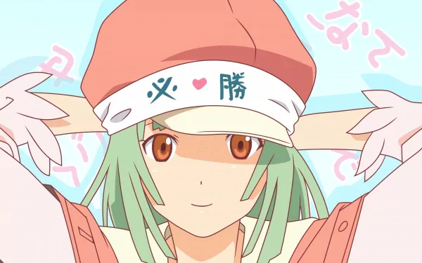 HD PC desktop wallpaper featuring Nadeko Sengoku from the Monogatari series, showcasing her with green hair and an orange hat against a light blue background.