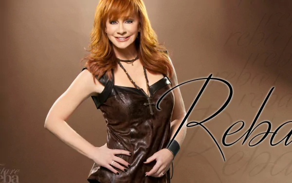 High-definition desktop wallpaper featuring a smiling person with red hair posing in front of a textured background with stylized text overlay.