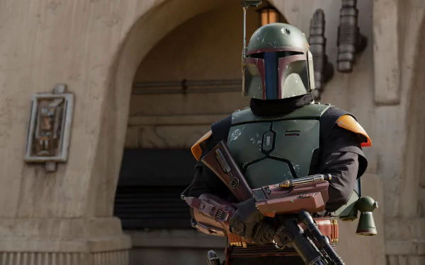 Boba Fett stands armed in a desert-like setting from The Book of Boba Fett TV show, captured in a detailed 4K Ultra HD PC desktop wallpaper.