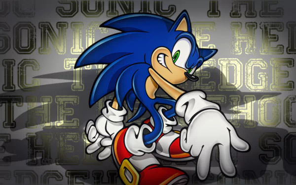 HD PC desktop wallpaper featuring Sonic the Hedgehog from the Sonic Adventure video game, showcasing Sonic in a dynamic pose with a stylized text background.