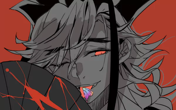 HD PC wallpaper of Doma (Demon Slayer: Kimetsu no Yaiba) — anime close-up: smirking with pale skin, tousled hair, glowing red eyes and a colorful tongue against a stark red background.