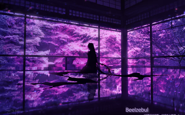 HD wallpaper featuring Baal Raiden Shogun from Genshin Impact, silhouetted against a vivid purple, tree-filled landscape viewed through large windows.