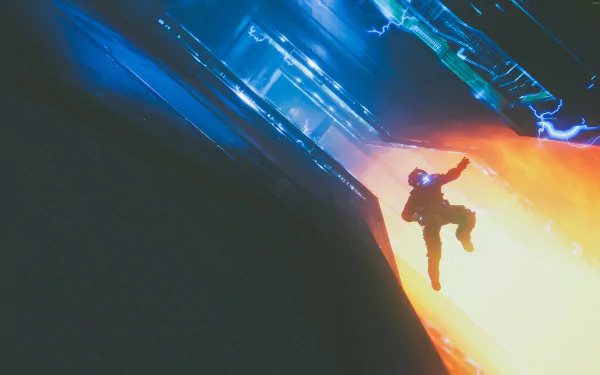 Titanfall 2 video game 4K Ultra HD PC desktop wallpaper: a pilot leaps through a glowing blue and orange energy rift inside a futuristic industrial corridor.
