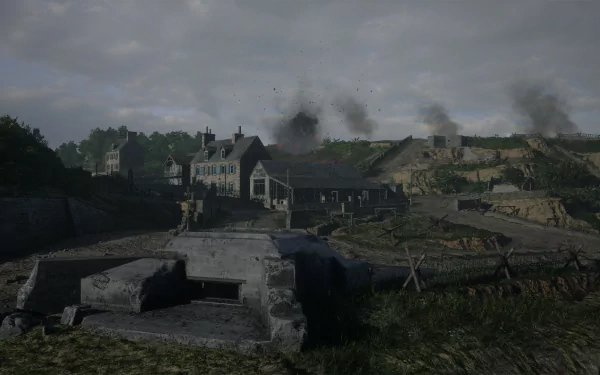 HD wallpaper from Hell Let Loose game depicting a wartime scene with buildings and explosions in the background for desktop background.