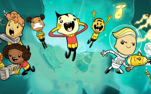 HD wallpaper featuring animated characters from Oxygen Not Included video game, set against a space-themed background.