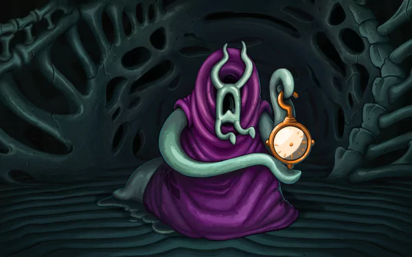 HD desktop wallpaper featuring Slay the Spire game character with mystical clock in eerie setting.