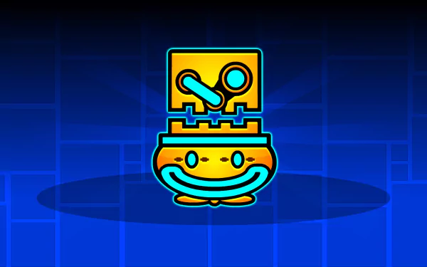 HD desktop wallpaper featuring a bright and colorful icon from Geometry Dash game against a blue geometric background.
