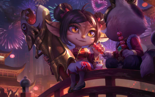 Tristana (League of Legends) perched on a lantern-lit bridge with a plush companion, fireworks and warm festival lights — 4K Ultra HD PC desktop wallpaper