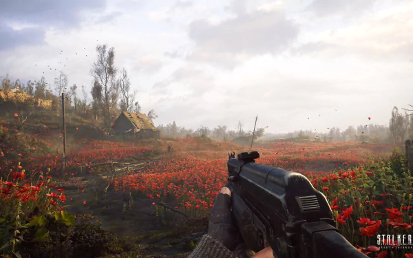 HD PC desktop wallpaper from the video game S.T.A.L.K.E.R. 2: Heart of Chernobyl, featuring a first-person view with a rifle overlooking a field of red flowers under a cloudy sky.