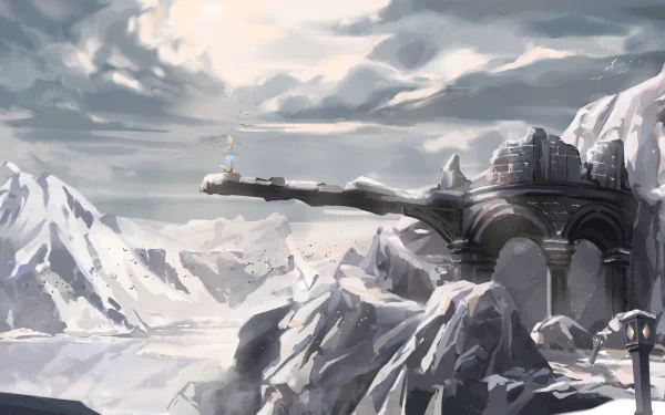 Genshin Impact video game scenery: 5K Ultra HD PC desktop wallpaper and background depicting a snowy mountain fortress with a long cliffside platform under a dramatic, stormy sky.