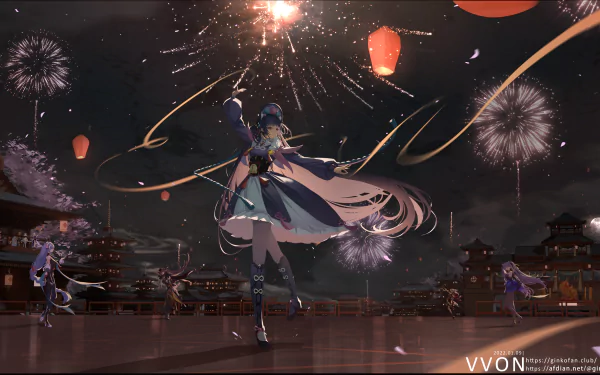 HD desktop wallpaper featuring Genshin Impact characters Keqing, Yoimiya, Hu Tao, Zhongli, Yun Jin, and Shenhe against a backdrop of fireworks in a festive night scene.