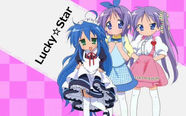 HD desktop wallpaper featuring Kagami Hiiragi, Konata Izumi, and Tsukasa Hiiragi from the anime Lucky Star against a pink checkered background.