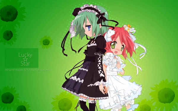 HD anime desktop wallpaper featuring Yutaka Kobayakawa and Minami Iwasaki from Lucky Star against a vibrant green background.