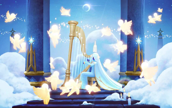 Sky: Children of the Light video game HD PC desktop wallpaper — cloaked figure plays a harp among glowing spirits, clouds and candles in a moonlit temple.