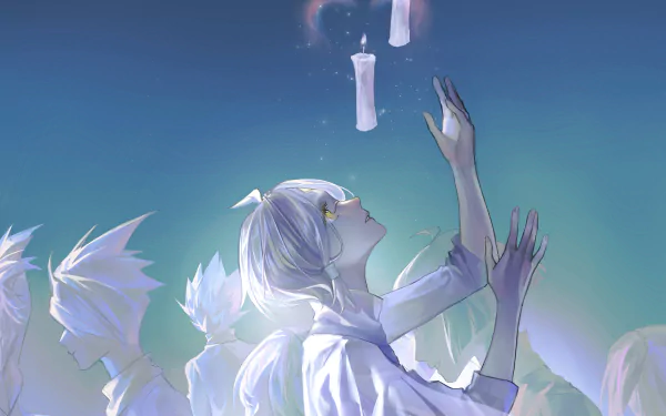 HD PC desktop wallpaper for Sky: Children of the Light — robed avatars reaching toward floating candles of light against a soft twilight sky.