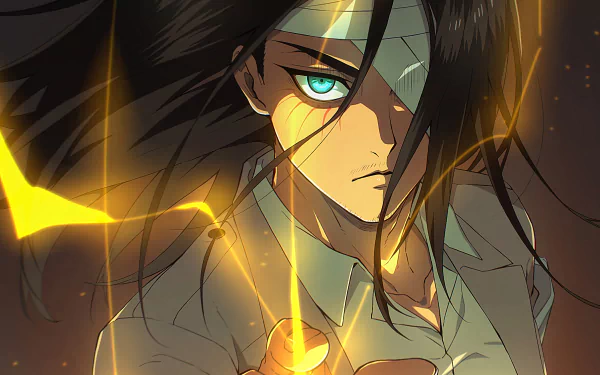 HD desktop wallpaper featuring Eren Yeager from the anime Attack on Titan, with intense gaze and bandaged forehead, highlighted by dramatic yellow lighting effects.