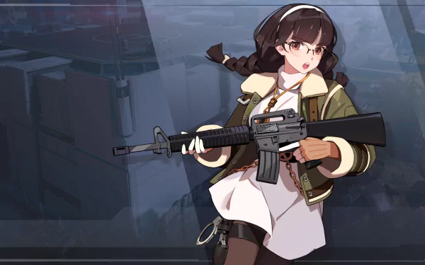 HD wallpaper featuring a female character from Eternal Return video game, holding a rifle, with a blurred urban background.