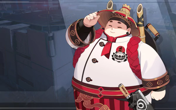 Eternal Return game character in HD desktop wallpaper, featuring a cheerful animated chef with traditional attire waving, set against a sleek modern background.