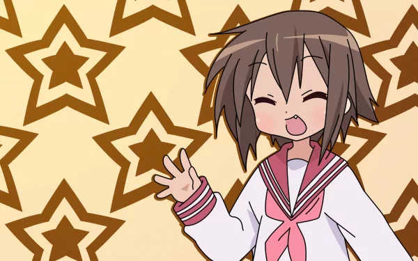 HD anime desktop wallpaper featuring Misao Kusakabe from Lucky Star with a cheerful expression and a background of brown star patterns.