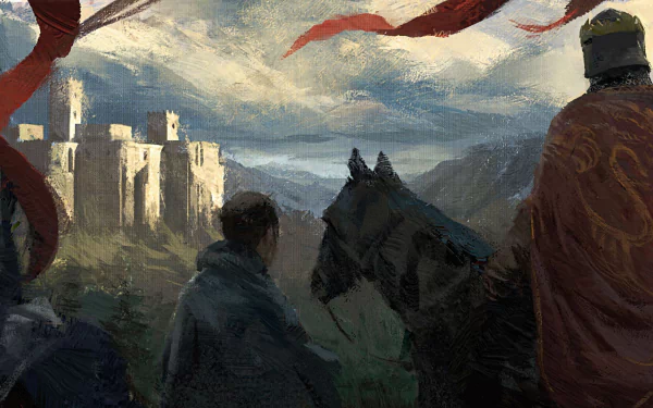 HD desktop wallpaper of Crusader Kings III showing medieval figures overlooking a castle under a dynamic sky.