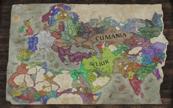 HD desktop wallpaper featuring a stylized map from Crusader Kings III showcasing various medieval kingdoms and territories.