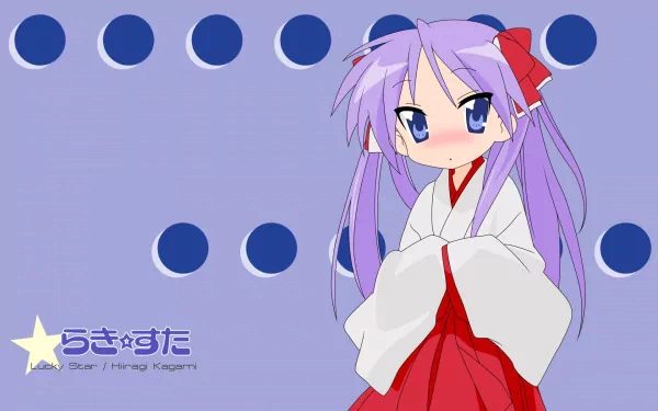 HD anime desktop wallpaper featuring Kagami Hiiragi from Lucky Star in a traditional red and white outfit against a purple background with blue dots.