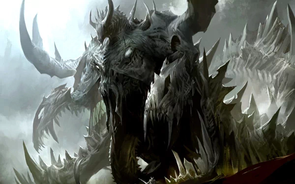 An HD desktop wallpaper featuring a fearsome fantasy monster with dragon-like characteristics, including sharp spikes and horns, emerging from a misty, ominous background.