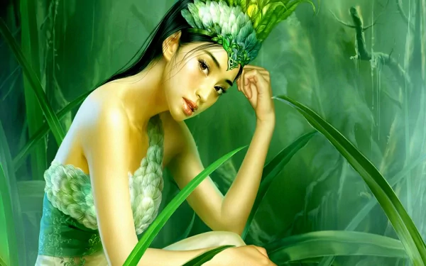 A fantasy HD desktop wallpaper featuring a woman adorned in green feathers amidst lush greenery, creating an enchanting background ambiance.