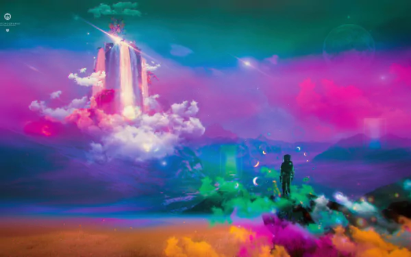 Artistic Desktopography 4K Ultra HD PC desktop wallpaper: vivid surreal landscape with a floating waterfall, neon clouds and a lone silhouetted figure on colorful terrain.
