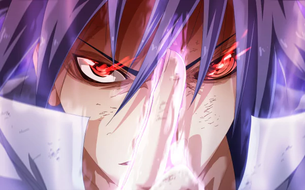 Close-up 4K Ultra HD PC desktop wallpaper of Sasuke Uchiha from the anime Naruto, featuring his intense red Sharingan eyes and focused expression.