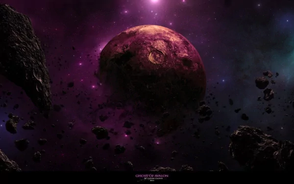 HD desktop wallpaper depicting a sci-fi scene of a planet surrounded by asteroids in a galaxy with a purple and blue nebula background.