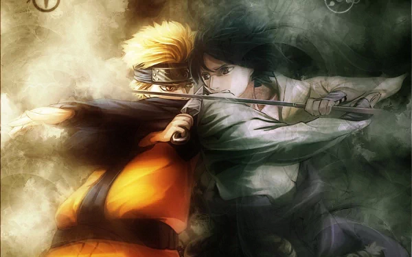 HD desktop wallpaper featuring Naruto Uzumaki and Sasuke Uchiha from the anime Naruto in an intense combat scene.